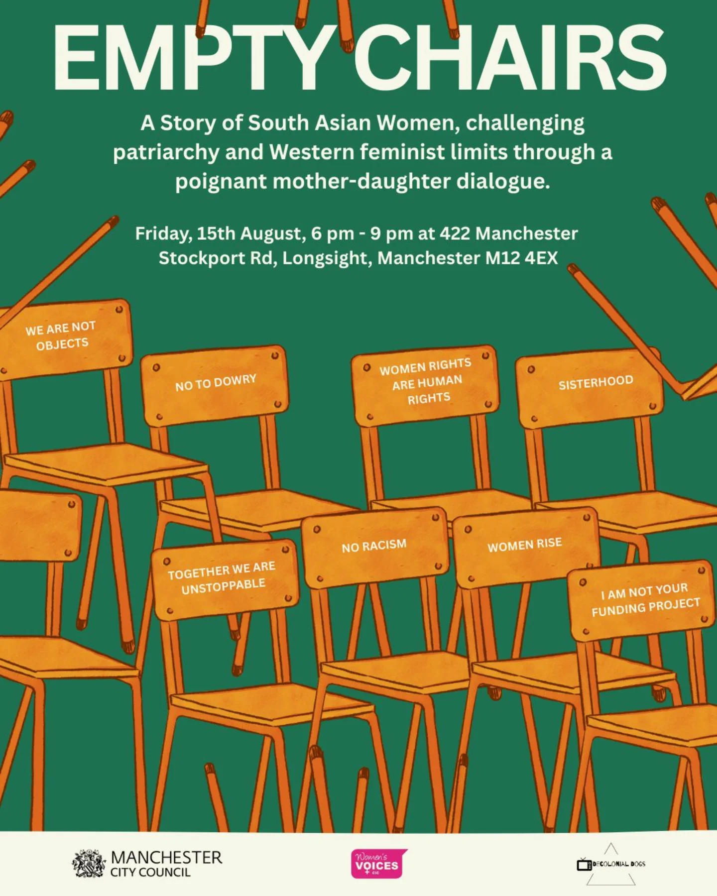 Empty Chairs theatre event poster from Decolonial Dogs